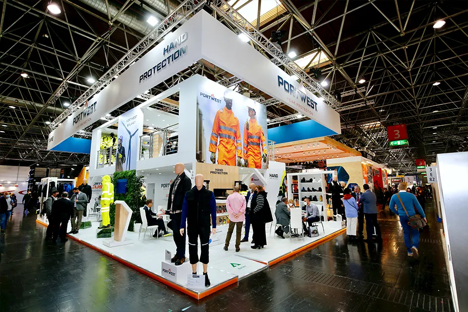 Double Decker Exhibition Booth at A+A 2021 for PORTWEST in Düsseldorf, Germany